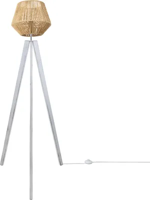 Produktbild von Stehlampe Modern Wohnzimmer Schlafzimmer Rattan Optik Boho Korb Stehleuchte E27 Lampenschirm Natur (Ø33 cm) Lampenfuß Stehleuchte Weiß