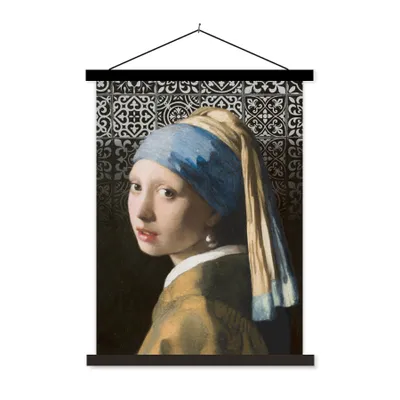 Produktbild von MuchoWow® Textilposter Das Mädchen mit dem Perlenohrring - Johannes Vermeer - Schnittmuster 40x53 cm mit schwarzem Rahmen - Abbildung