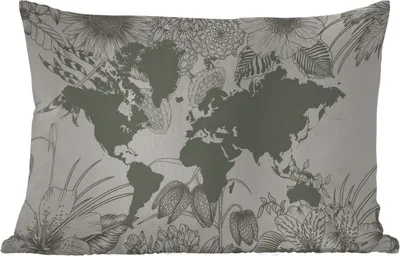 Produktbild von MuchoWow® Outdoor Kissen - Weltkarte - Grau - Blumen - 60x40 cm - Wetterfest - Lounge Kissen - Zierkissen - Kissen für Innenräume