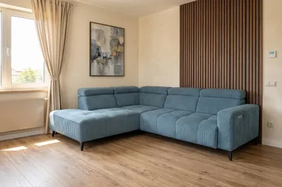 Produktbild von Modernes Ecksofa Velvet Cord blau mit elektrischer Relaxfunktion | Verstellbare Kopfstützen | Edles Design