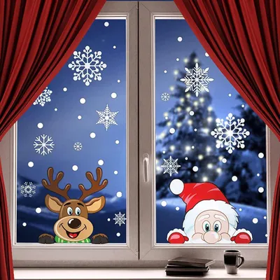 Produktbild von Fensteraufkleber für Weihnachten, 300 Stück Schneeflocken, Weihnachtsmann und Elch für die Fensterdekoration