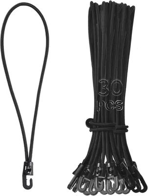 Imagen del producto de Cuerdas de bungee con gancho, 25 cm, 30 unidades, cuerda elástica negra para tiendas de campaña y lonas