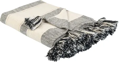 Produktbild von BELIANI Tagesdecke Beige und Grau Baumwolle 130 x 170 cm Gestreiftes Muster mit dekorativen Quasten Handgefertigtes Accessoire