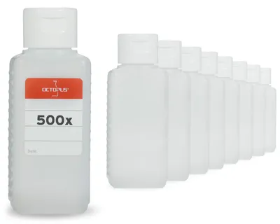 Produktbild von 500 Plastikflaschen 100 ml vierkant G25 mit weißen Klappverschlüssen