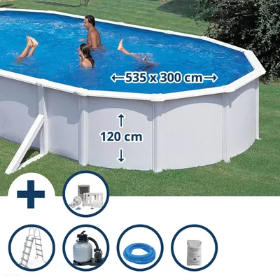 Produktbild von Stahlwandpool Set (5-teilig) hoch oval Classic 535x300x120 cm, Stahl 0,45 mm weiß Folie 0,3 mm blau