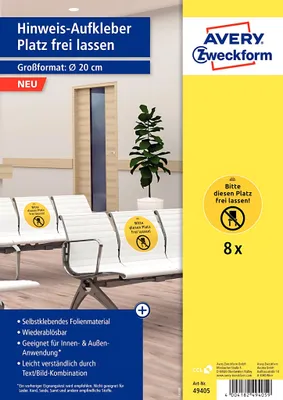 Produktbild von Avery Zweckform Corona Hinweis-Aufkleber, "Platz frei lassen", Ø 20 cm, ablösbar, für Innen und Außen geeignet, 8 Etiketten