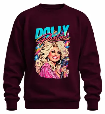 Productafbeelding van Dolly Parton, landelijke muzieklegende, zangeres, retro icoon uit de jaren 80, sweatshirt/pullover, bordeauxrood, maat XL