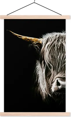 Produktbild von MuchoWow® Textilposter Schottisches Hochlandrind - Porträt - Hoorn 120x180 cm mit holzfarbenen Rahmen - Textil-Plakat