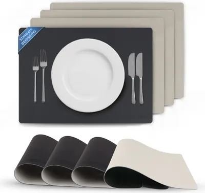 Produktbild von Tischsets Schwarz/Hellgrau doppelseitig (Unifarben) 4er Set 46x33 cm, Tischunterlage Lederoptik, Platzset abwischbar