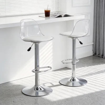 Productafbeelding van Set van 2 barkrukken met verstelbare hoogte (82-104 cm), transparante rugleuning, zilveren metalen poten, 360° draaibare zitting, voetsteun en een voetplaat