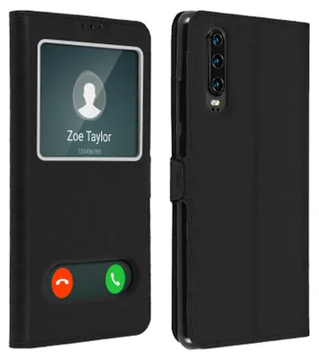 A black flip cover for a Huawei P30 phone, shown from the front and back.