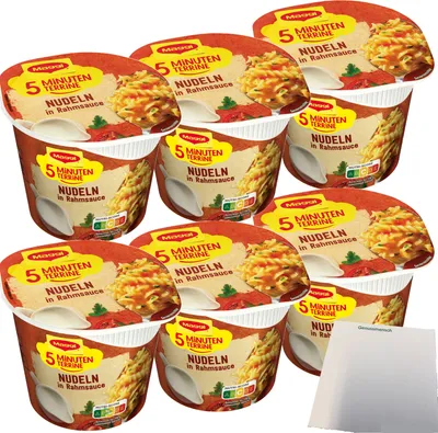 Produktbild von Maggi 5 Minuten Terrine Nudeln in Rahmsoße 6er Pack (6x61g Packung) + usy Block