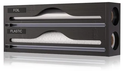 Zdjęcie produktu dla Dozownik folii spożywczej 2-w-1 - Dozownik folii z nożem - Uchwyt na rolki - Montowany na ścianie - Bambus - Czarny - 33,2 x 14 x 7 cm