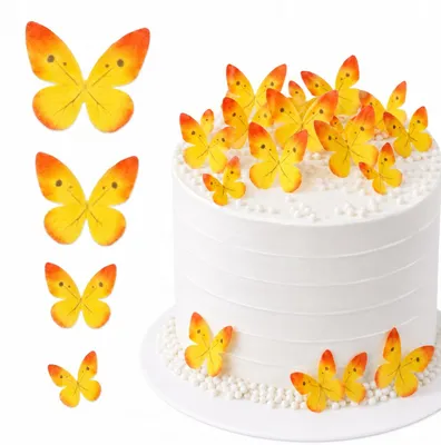 Produktbild von Gelb-orangefarbene 3D-Waffelschmetterlinge, ausgestanzt, 6 Stück – essbare Dekoration