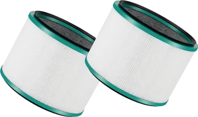 Two white cylindrical air filters with teal rims are angled against a white background.