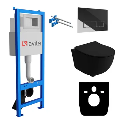 Produktbild von Lavita LAV 101 Vorwandelement für WC 40cm + Wand Hänge Tiefspül WC BRAVA Schwarz Spülrandlos + Bedienplatte LAV 200.3.2 Verchromt  | Komplettset | Unterputz Spülkasten | Toilette Komplett Sett