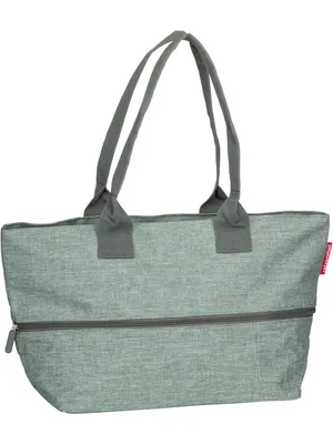 A studio shot of a green tote bag with gray handles and a zipper.