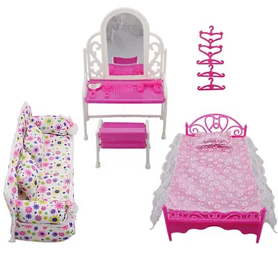Zdjęcie produktu dla Omgoods - Zestaw mebli dla lalek "Księżniczka" - 8 elementów - Komoda/Sofa/Łóżko - Akcesoria dla lalki Barbie - Różowy kolor - Materiał: plastik/tkanina - Odpowiedni dla dzieci od 3 roku życia - Meble dla lalek
