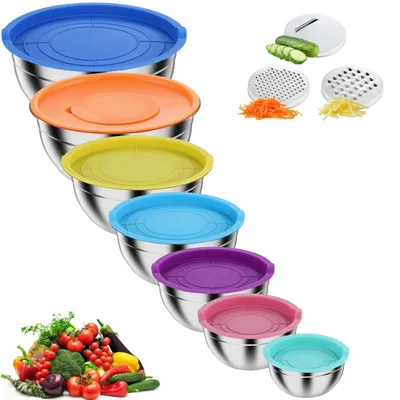 Produktbild von Rührschüssel-Set 7-teilig Edelstahl mit Deckel und Reibeaufsätzen, 0.7QT-4.5QT, Stapelbar, Spülmaschinenfest