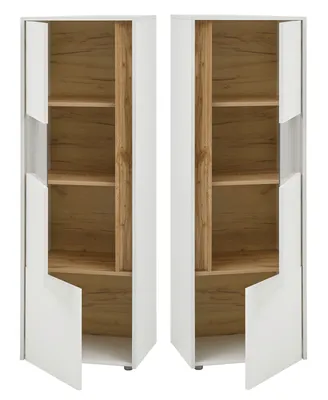 Two identical white cabinets with wood-effect interiors are shown side-by-side against a white background. The cabinet doors are open, revealing multiple shelves.