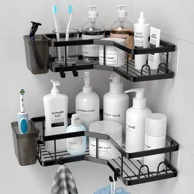 Immagine prodotto di Organizer da bagno autoadesivo con 4 ganci e portatubetti di dentifricio - nero, acciaio inossidabile - 2 pezzi