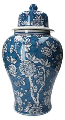 Immagine prodotto di KEYHOMESTORE | Potiche in Porcellana Blu con Fiori e Farfalle Bianche