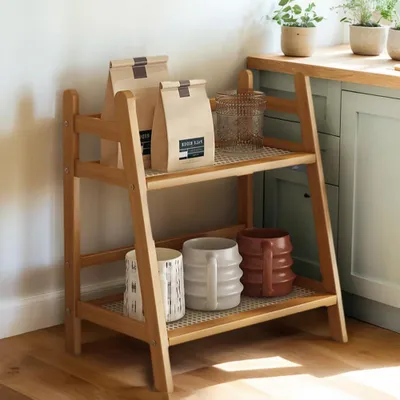 Produktbild von Küchenorganizer aus Bambus mit Rattan-Imitat, 2-stöckiges vertikales Gewürzregal aus Holz, Küchenregal für die Arbeitsplatte.