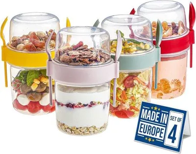 Produktbild von Famanu Joghurtbecher Set 4-teilig - BPA-frei, mit Löffel und Gabel, für unterwegs