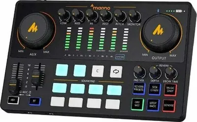 A black audio mixing console with various knobs, sliders, and buttons.