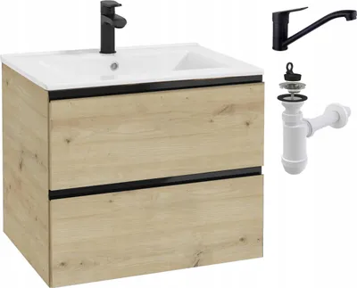 Immagine prodotto di Mobile bagno Stamar 60 cm sospeso in rovere Artisan con lavabo in Vetroceramica + miscelatore nero