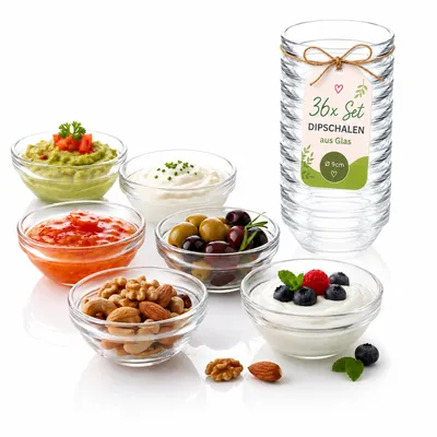 Produktbild von 36er Set Dipschalen aus Glas Ø 9 cm – Kleine Schälchen für Saucen, Dips, Snacks, Eis & Dessert – Mini Servierschalen, Dessertschalen & Snackschalen, KI-generiertes Bild