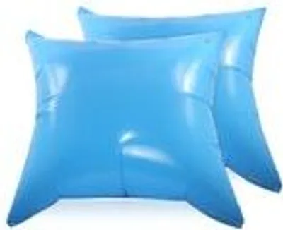 Two blue inflatable cushions for a swimming pool.