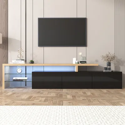 Produktbild von okwish moderner TV-Schrank 197,5*39*42 cm, stilvolles und elegantes Design, praktischer Stauraum, Hochglanz-Schwarz, Holzoptik, Glasablage, LED-Beleuchtung (Schwarz)