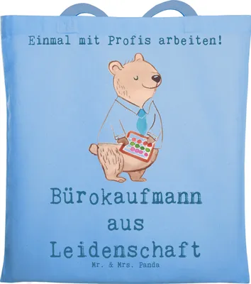 Produktbild von Mr. & Mrs. Panda Tote Bag Bürokaufmann Leidenschaft - Sky Blue - Geschenk, Beruf, Shopping Tasche, Laptoptasche, Kaufmann für Büromanagement, Spruch, Schultasche, Lustig