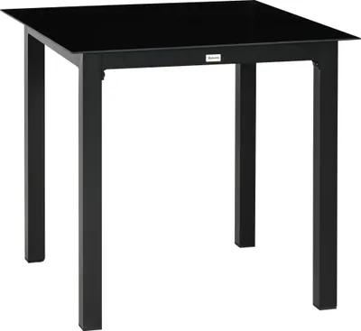 Obrázek produktu pro Moonbite, čtvercový venkovní stůl, rozměry 80 × 80 cm, s deskou z tvrzeného skla o tloušťce 5 mm bez rámu, jídelní stůl pro čtyři osoby, s nastavitelnými podložkami pod nohy, hliník, černá barva