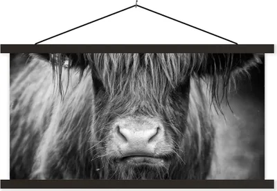 Produktbild von MuchoWow® Textilposter Schottisches Hochlandrind - Kuh - Schwarz - Weiß - Tiere 90x45 cm mit schwarzem Rahmen - Klemmleisten