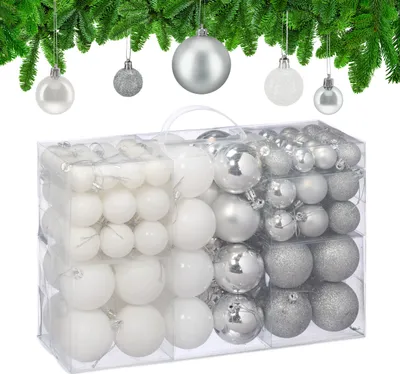 Obrázok produktu pre Relaxdays Vianočné gule, sada 100 ks, vianočná výzdoba, matné, lesklé, trblietavé, gule na stromček ∅ 3, 4 a 6 cm, strieborné/biele