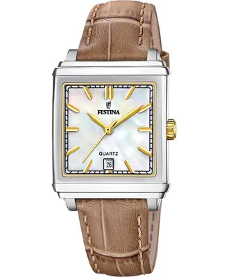 A square-faced women's watch with a mother-of-pearl dial, gold accents, and a brown leather strap, presented against a white background.