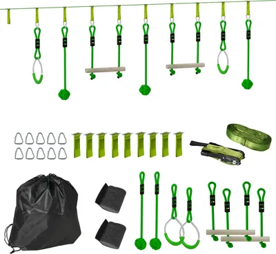 Obrázok produktu pre AIYAPLAY 10 m Zipline Kit Detský slackline set s 2 gymnastickými kruhmi, 2 lezeckými tyčami a 3 točiacimi sa kolieskami na záhradu Outdoor Zip Line Kit pre deti od 3 do 6 rokov, do 50 kg