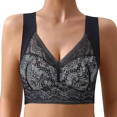 Image de ASKSA Soutien-gorge Push Up Femme Grande Taille Sans Armatures Dentelle Fleurs Bustier Sport Soutien-gorge Confort Yoga, Noir, 3L