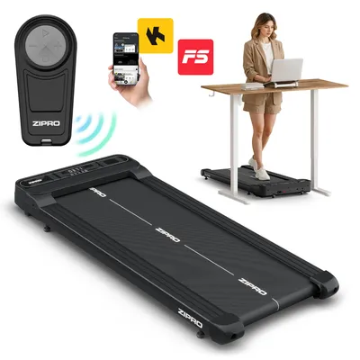 A collage showing a walking pad, a remote control, app icons, and a woman using a standing desk with the walking pad.