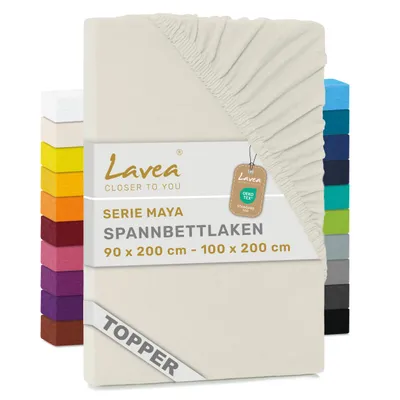 Zdjęcie produktu dla Lavea® Prześcieradło na materac z dodatkową warstwą, 90x200 cm - 100x200 cm, Maya, 100% bawełna dżersej – Miękkie prześcieradło na materac z dodatkową warstwą, do 10 cm - Kremowy, naturalny biały