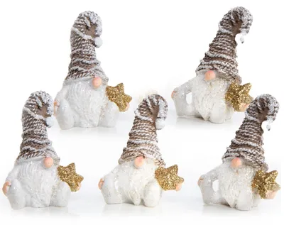 Produktbild von 5 kleine Wichtelfiguren weiß braun mit goldenem Stern + Glitzer Zipfelmütze 7 cm