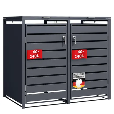 A two-compartment trash bin enclosure with red labels and a German flag emblem.