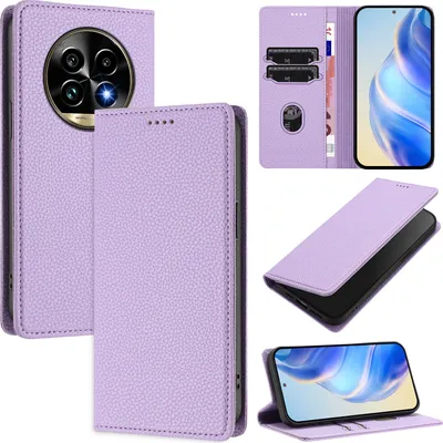 Produktbild von Litchi Leder Handyhülle für Realme 13 Pro/Realme 13 Pro+ Wallet Kartenfächer Standfunktion Hülle Violett