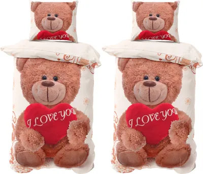 Produktbild von Winter Bettwäsche 135x200 cm Bettbezug Set Thermofleece Teddy Bär Love Herz 4 teilig