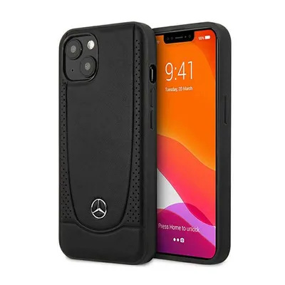 A black iPhone 14 Plus case with the Mercedes-Benz logo is shown next to an iPhone displaying the lock screen.