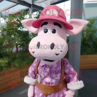 Produktbild von Rosafarbene REDBROKOLY Kuh Maskottchen Kostüm figur bekleidet mit einem Chambray-Hemd und Hutnadeln