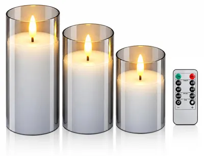 Produktbild von INF 3er Set LED Flammenlose Kerzen mit Glas und Fernbedienung für Zuhause Grau