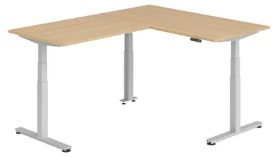 Produktbild von bümö Eckschreibtisch elektrisch höhenverstellbar L-Form - Gestell: Silber, Nachbildung: Eiche, Größe: Eckschreibtisch 160 x 200 cm